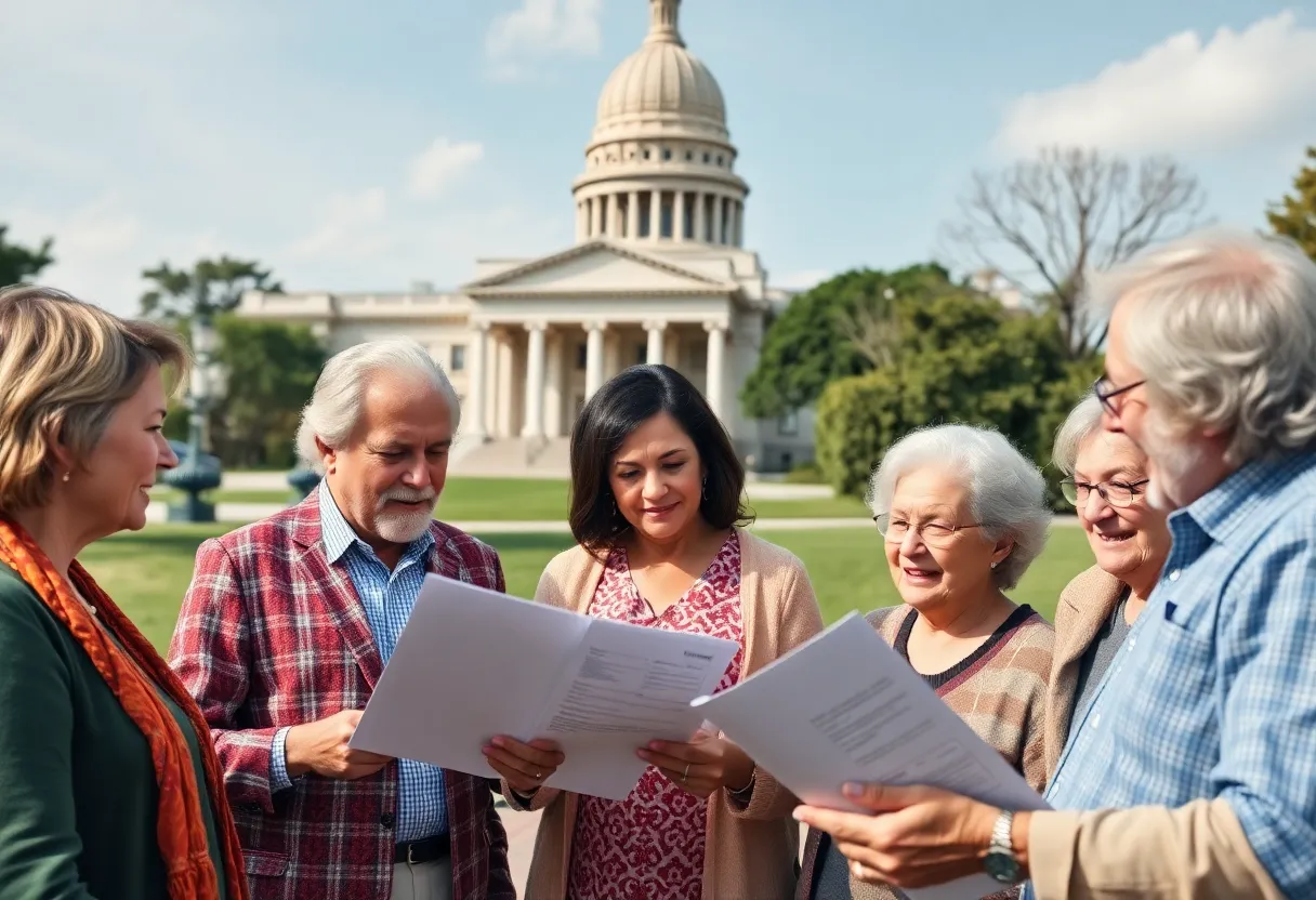 Group of seniors reviewing financial documents in front of Louisiana State Capitol