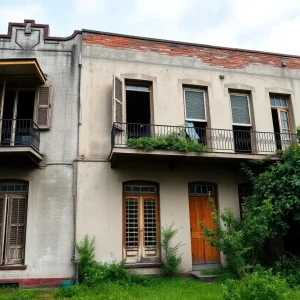 Dilapidated city building in New Orleans with visible damage