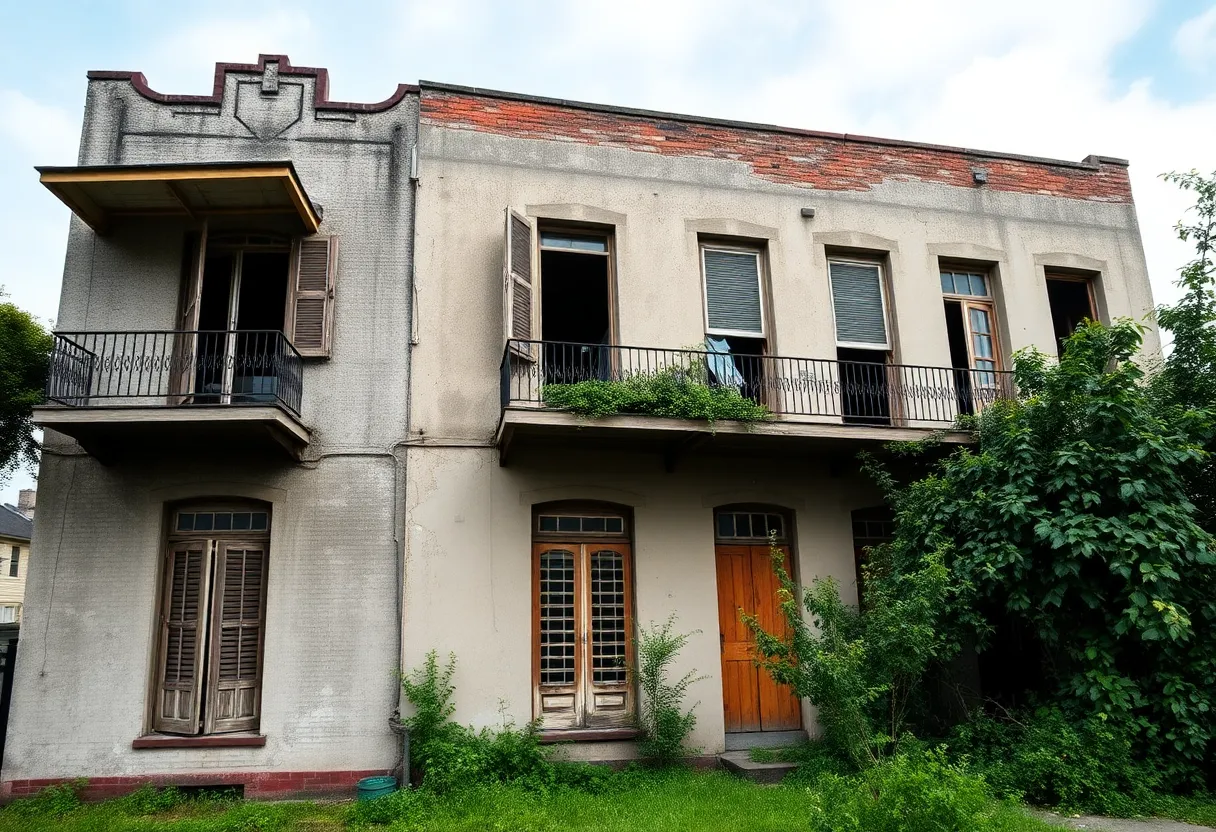 Dilapidated city building in New Orleans with visible damage