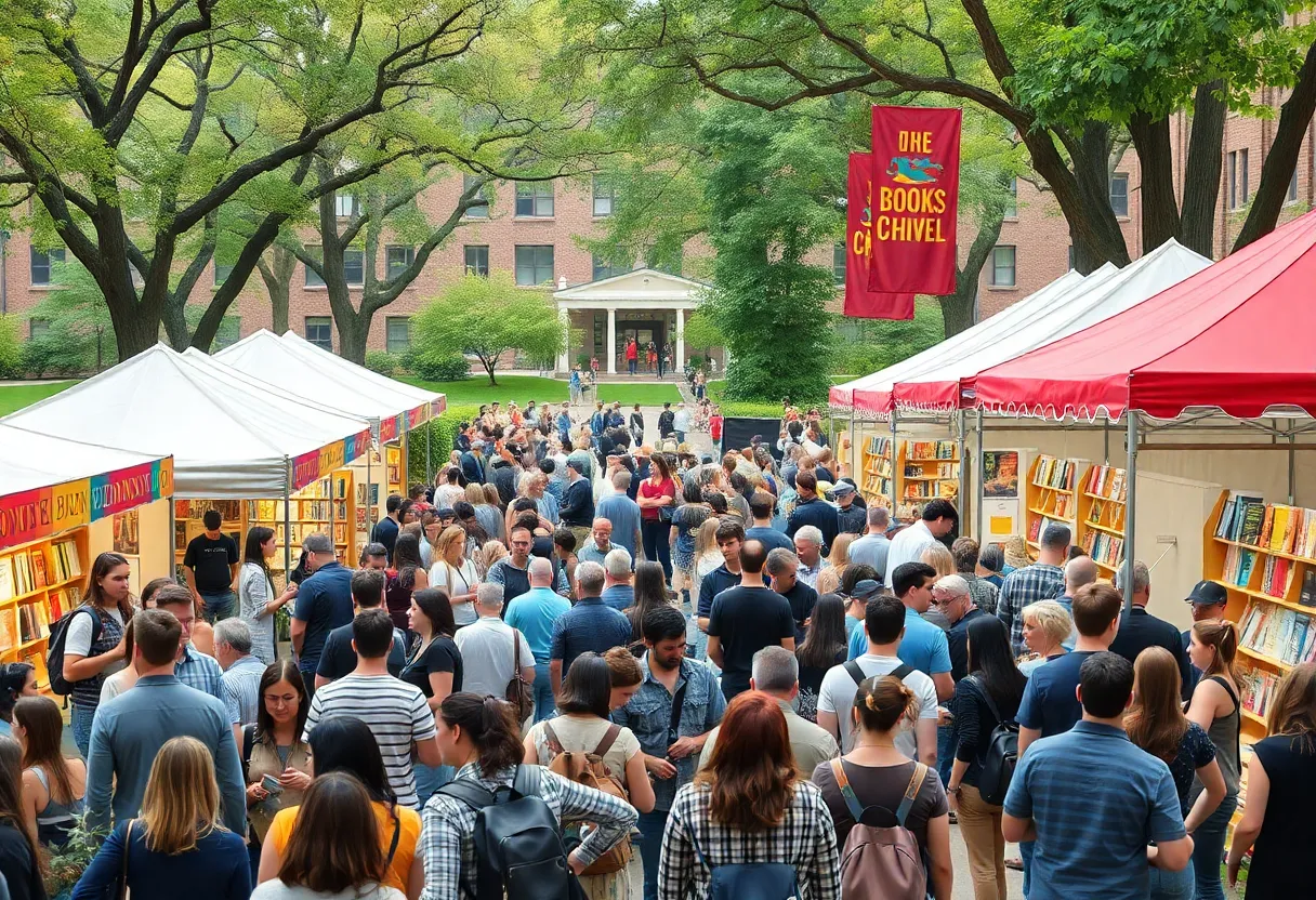 Crowd at the 2025 New Orleans Book Festival interacting in literary discussions.