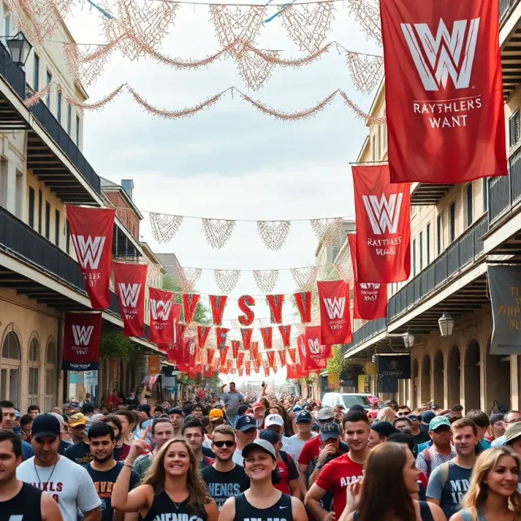 Crowd celebrating in New Orleans with wrestling banners