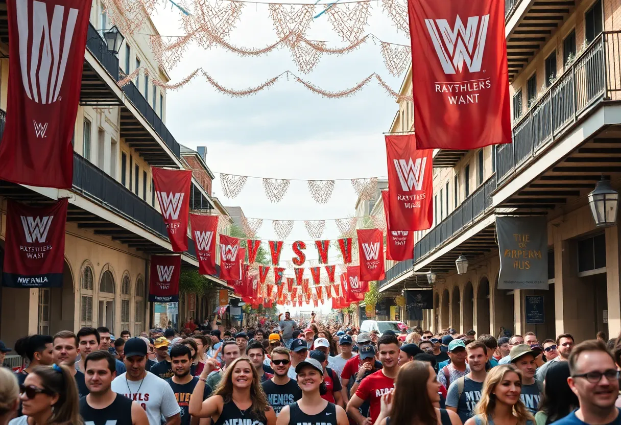 Crowd celebrating in New Orleans with wrestling banners