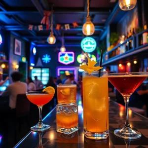 Colorful cocktails served in a lively bar in New Orleans