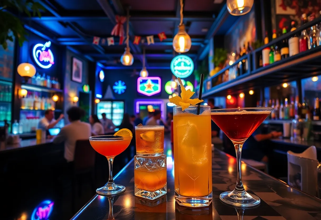 Colorful cocktails served in a lively bar in New Orleans