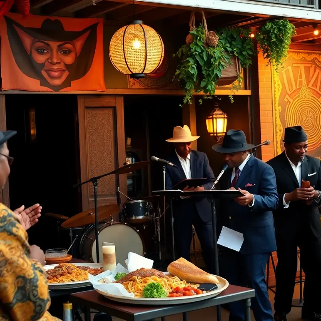 A lively representation of New Orleans' cultural heritage, showcasing jazz and local culinary traditions.