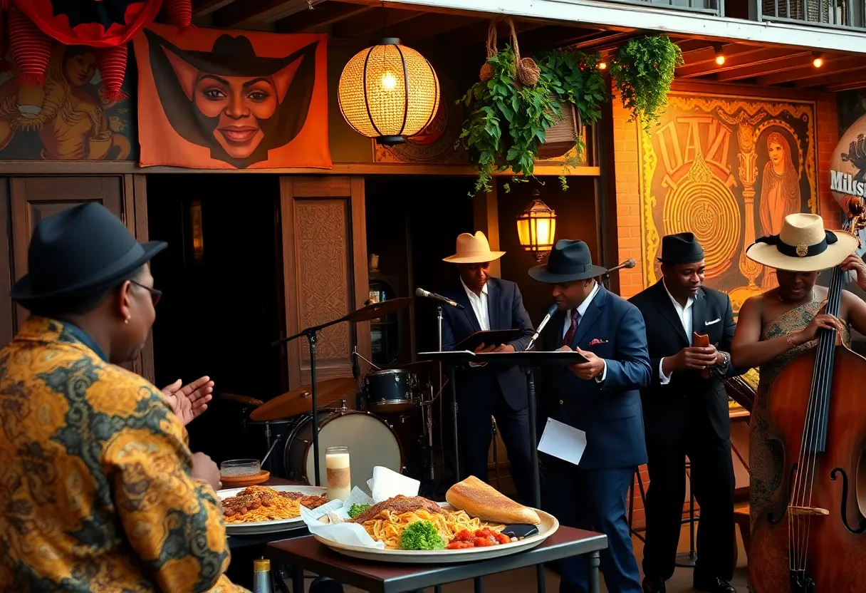 A lively representation of New Orleans' cultural heritage, showcasing jazz and local culinary traditions.