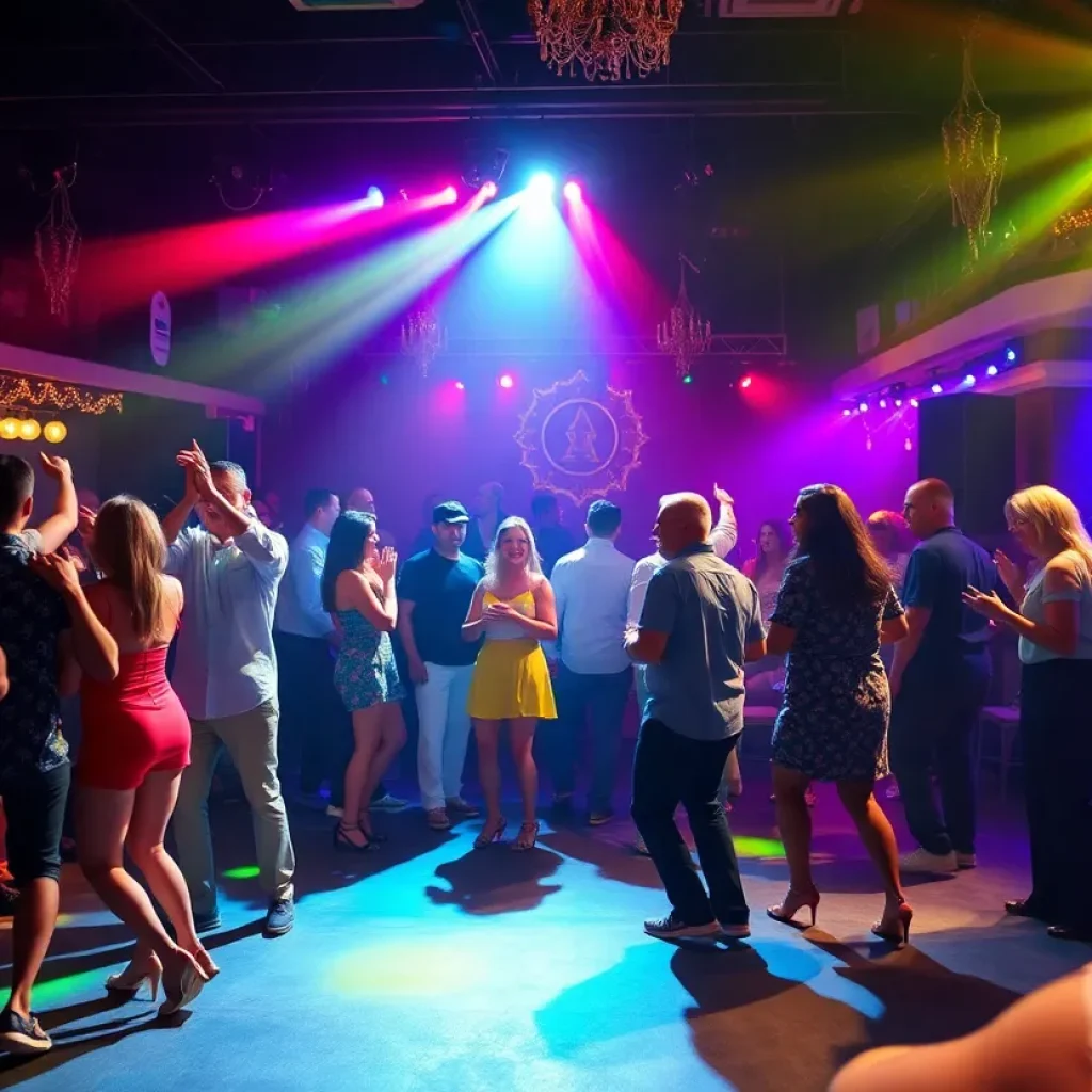 Vibrant dance music event in New Orleans with colorful lights and dancers