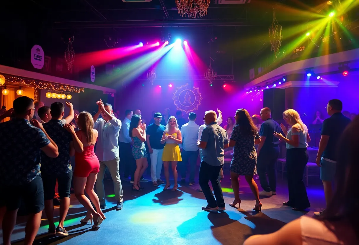 Vibrant dance music event in New Orleans with colorful lights and dancers