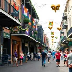 A vibrant street scene in New Orleans showcasing local businesses and Mardi Gras preparations.