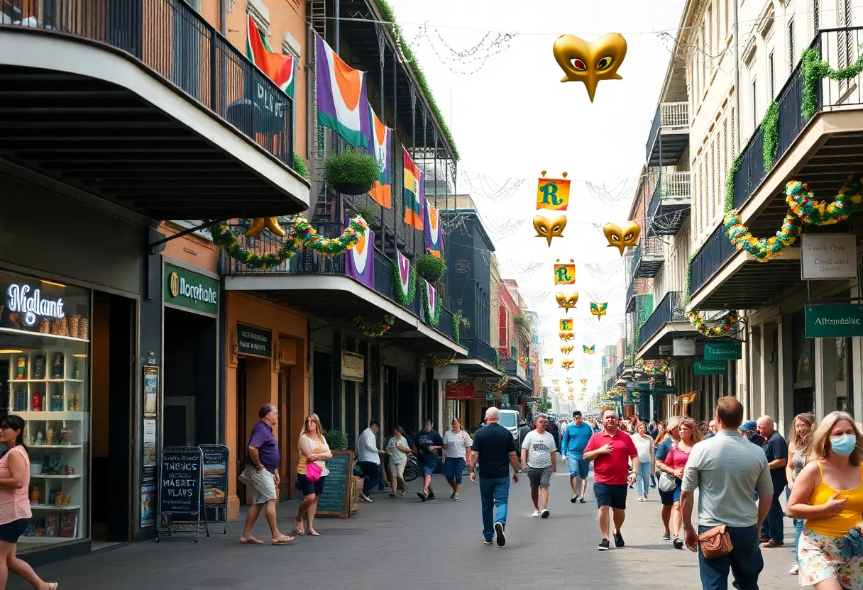 A vibrant street scene in New Orleans showcasing local businesses and Mardi Gras preparations.