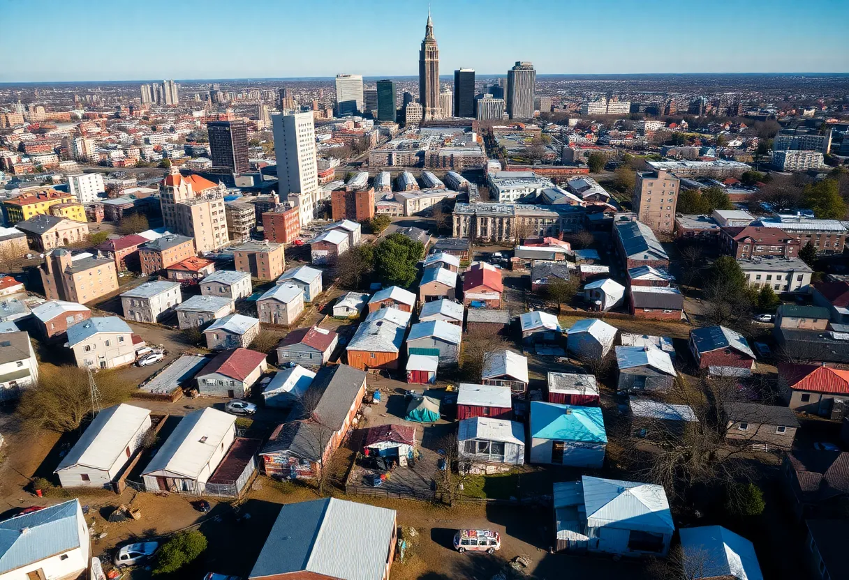 Aerial view showing various homeless shelters in New Orleans, highlighting urban challenges