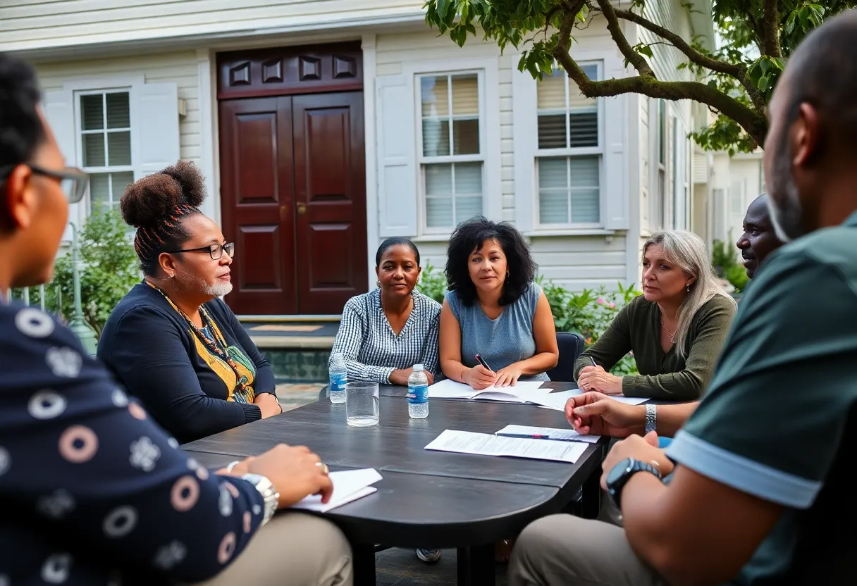 Community meeting discussing homeowner financial support in New Orleans