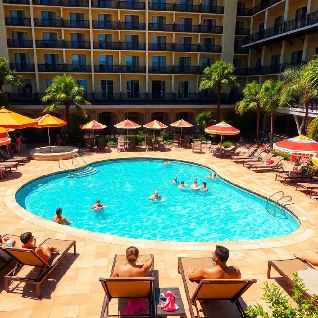 Colorful pool at a New Orleans hotel, with loungers and umbrellas.