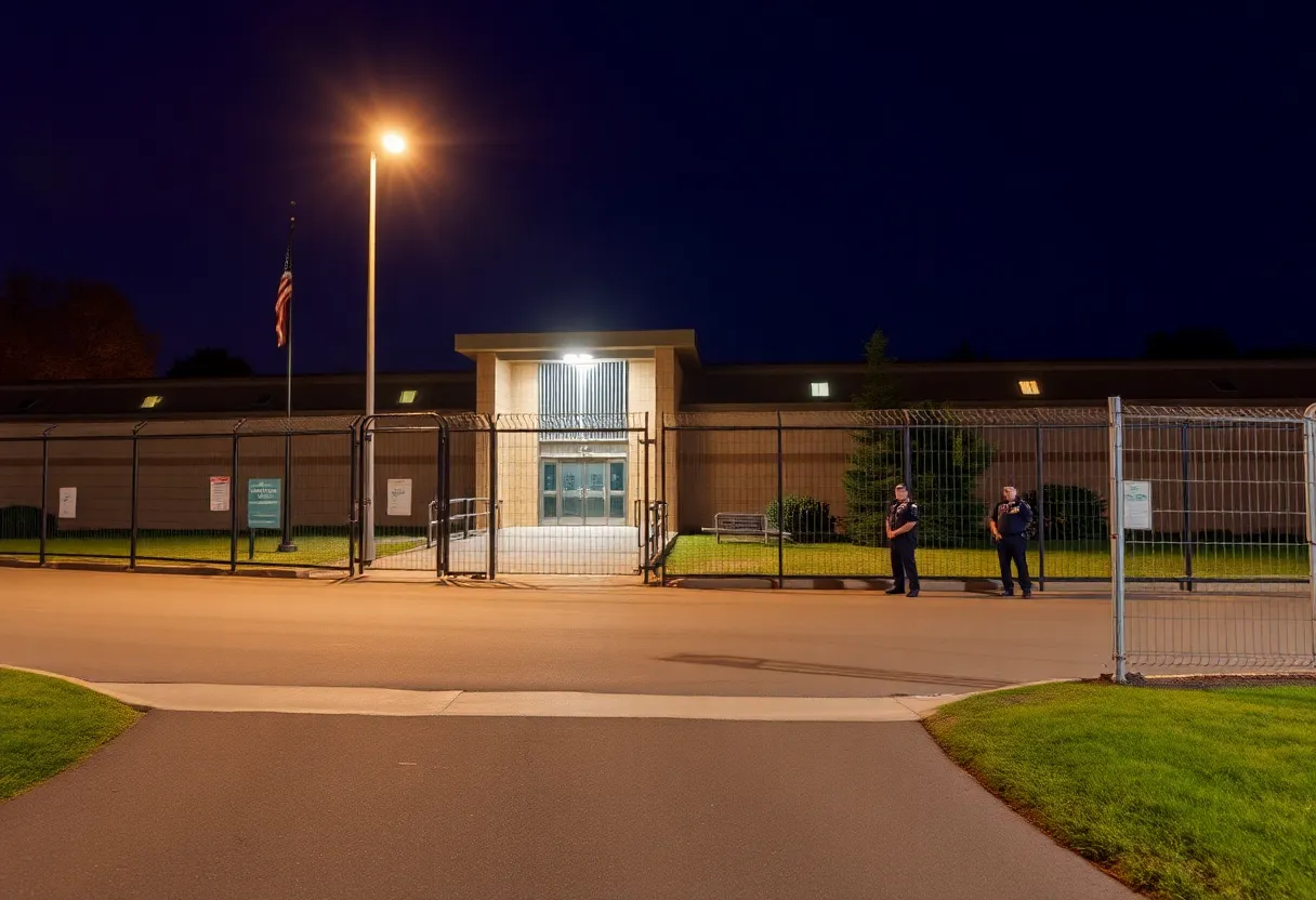 Night view of New Orleans jail facility with security issues