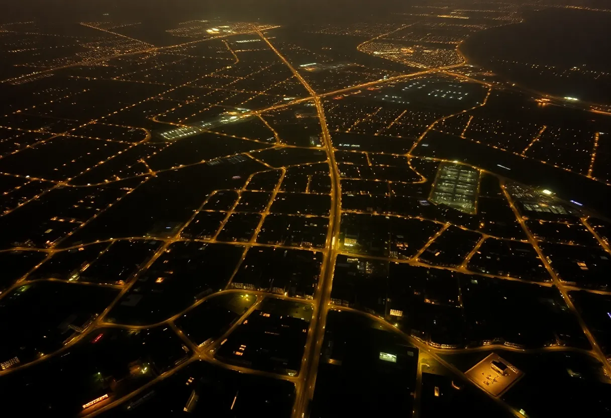 Aerial view of New Orleans showing power outages