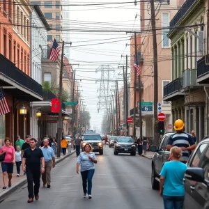 Scene of a vibrant New Orleans street with power restored.
