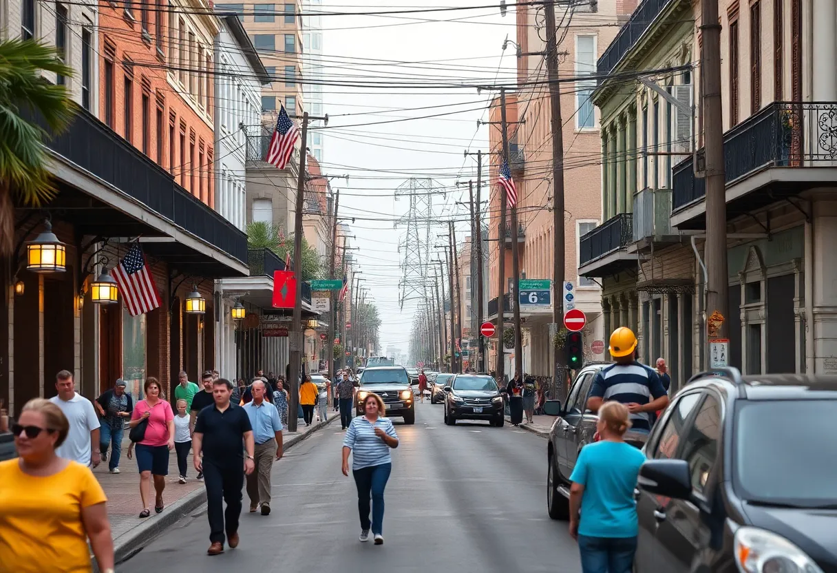 Scene of a vibrant New Orleans street with power restored.