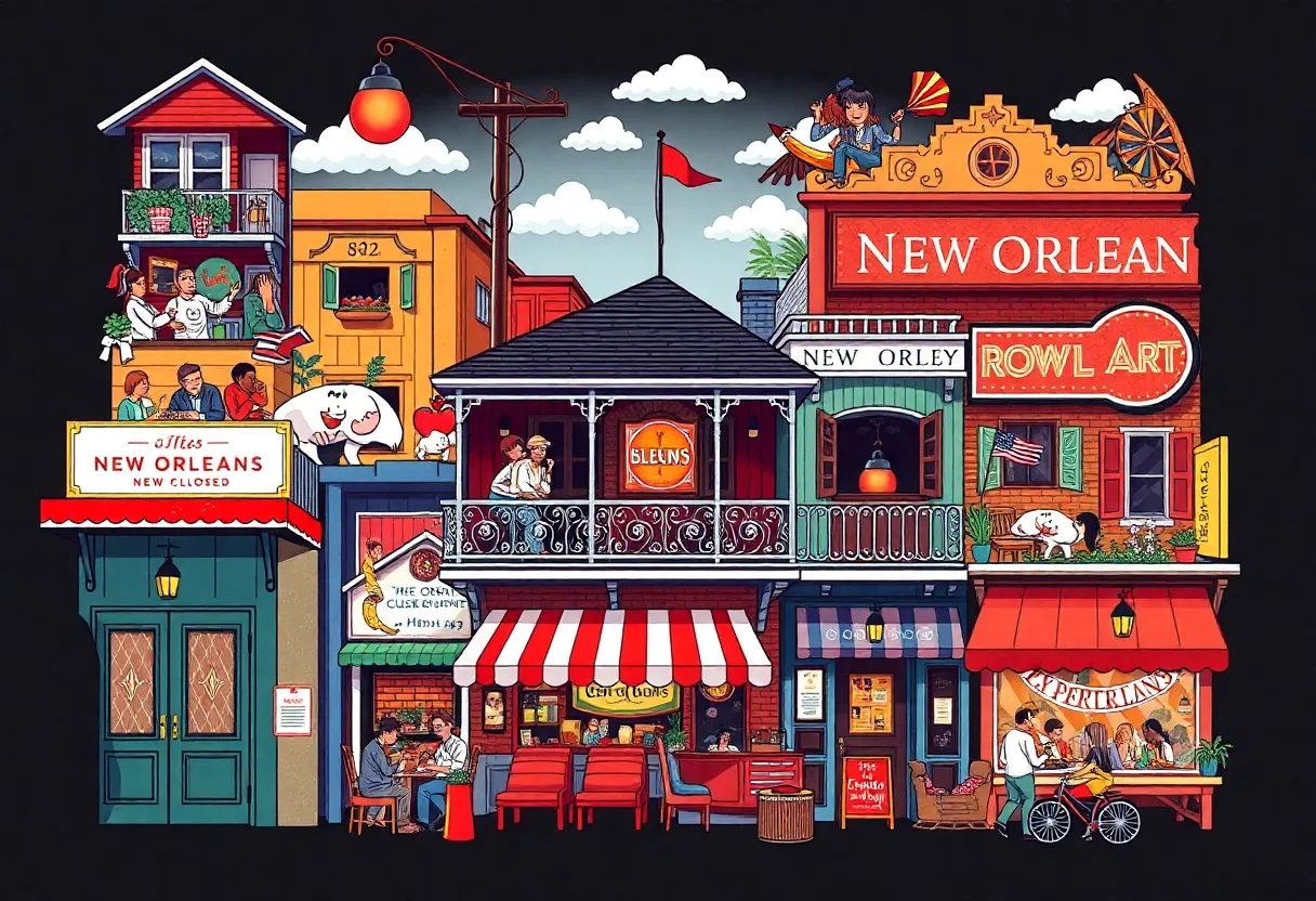 Diverse restaurants in New Orleans, some with closed signs, capturing the essence of the city's culinary culture.