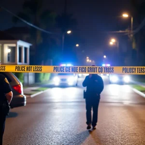 Police tape and flashing lights at a shooting incident in New Orleans