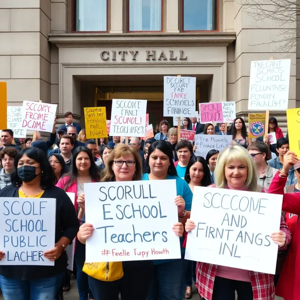 Public school teachers protesting for school funding outside City Hall.