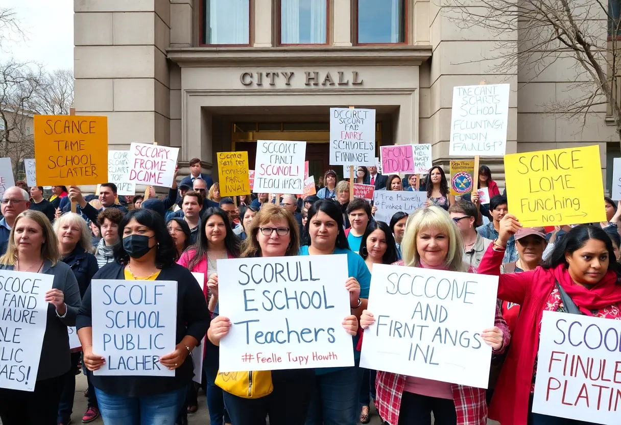 Public school teachers protesting for school funding outside City Hall.