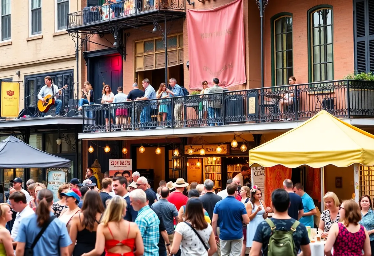 Crowd enjoying various events in New Orleans with music and food