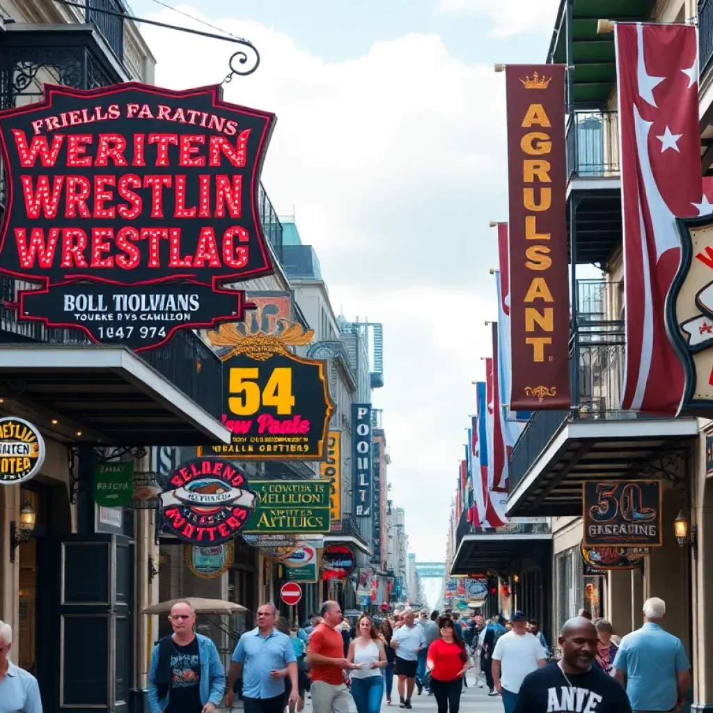 A lively street in New Orleans with wrestling event banners