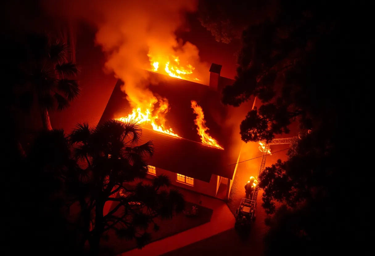 Fire engulfing the Nottoway Plantation mansion