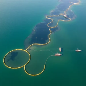 Aerial view of oil containment booms and cleanup activities in Garden Island Bay, Louisiana