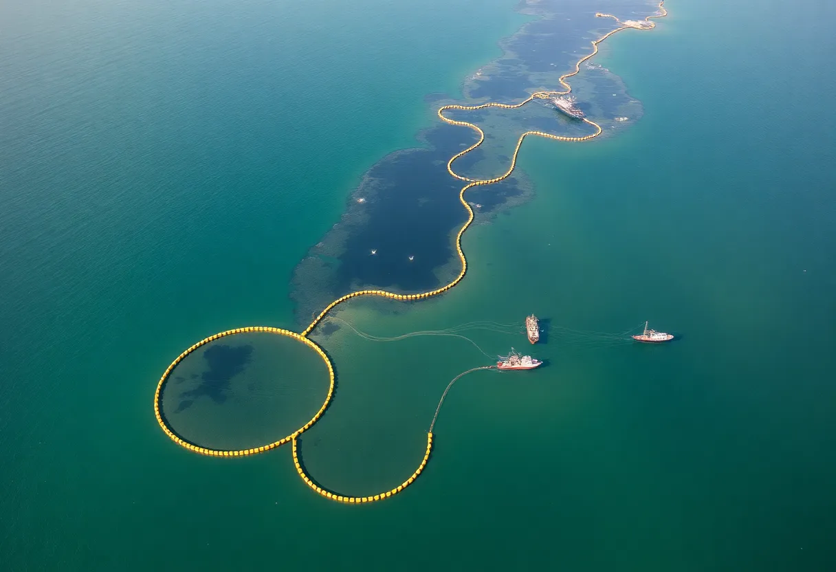 Aerial view of oil containment booms and cleanup activities in Garden Island Bay, Louisiana