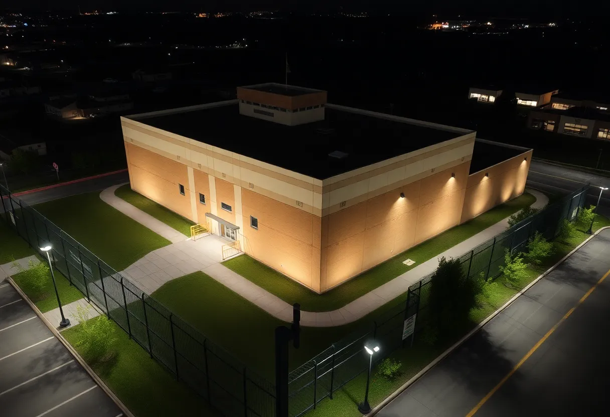 Aerial view of Orleans Justice Center showing security features