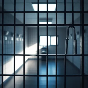 A view of a correctional facility with a focus on security measures
