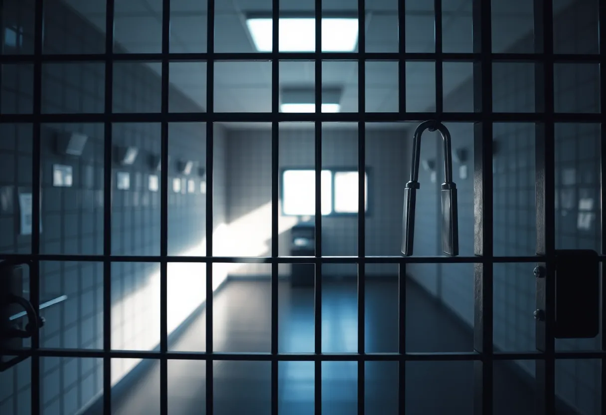 A view of a correctional facility with a focus on security measures