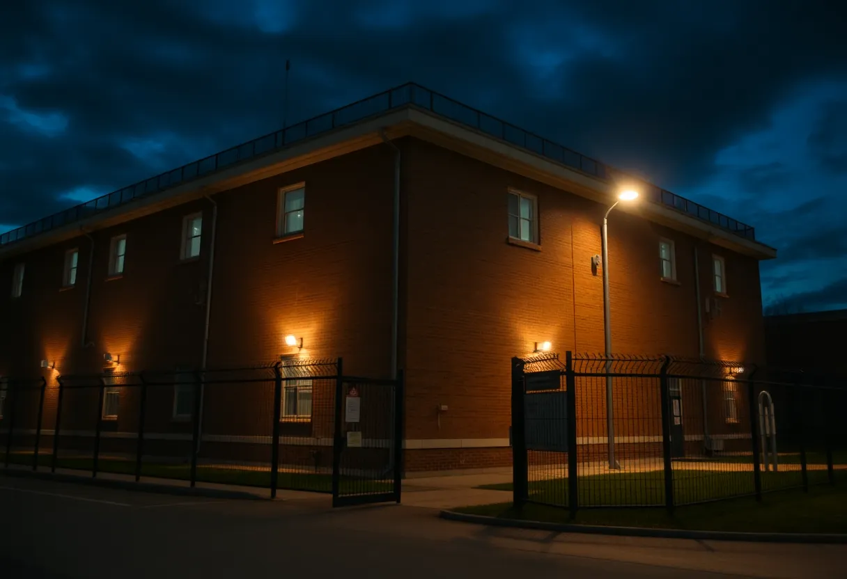 Exterior view of Orleans Parish Correctional Facility highlighting security features