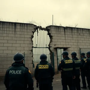 Scene depicting the aftermath of the Orleans Parish Jailbreak with broken walls and police presence.