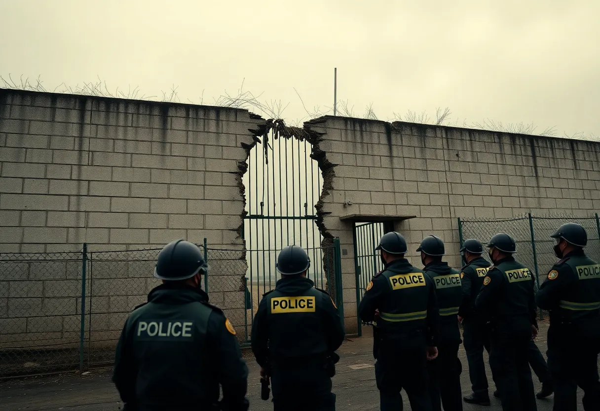 Scene depicting the aftermath of the Orleans Parish Jailbreak with broken walls and police presence.