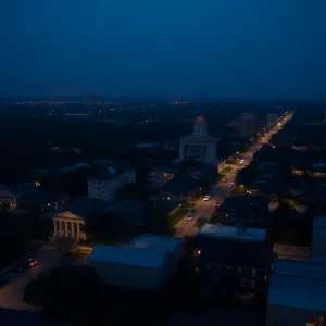 Aerial view of a Louisiana city during a power outage