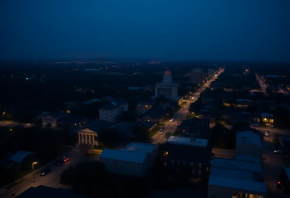 Aerial view of a Louisiana city during a power outage