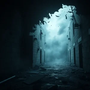 Image depicting a prison escape environment with broken walls