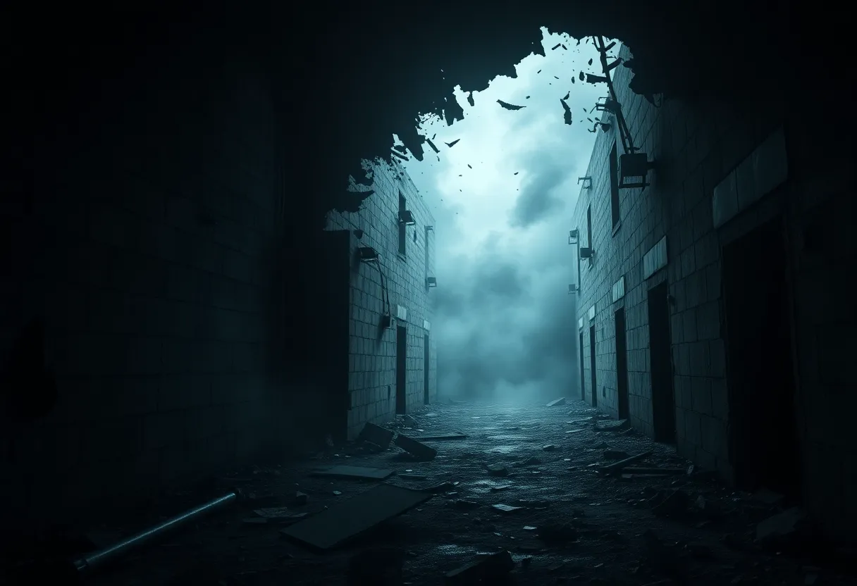 Image depicting a prison escape environment with broken walls