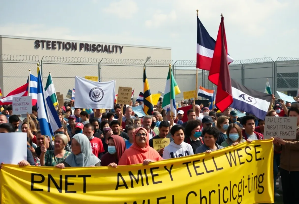 Crowd of protesters outside the ICE Processing Center advocating for civil rights