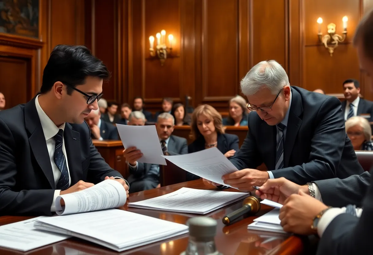 Investors discussing a class action lawsuit in a courtroom setting.