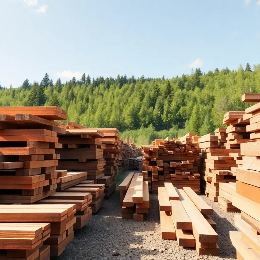 A wide view of Robinson Lumber Yard with various types of lumber and green forests in the background.