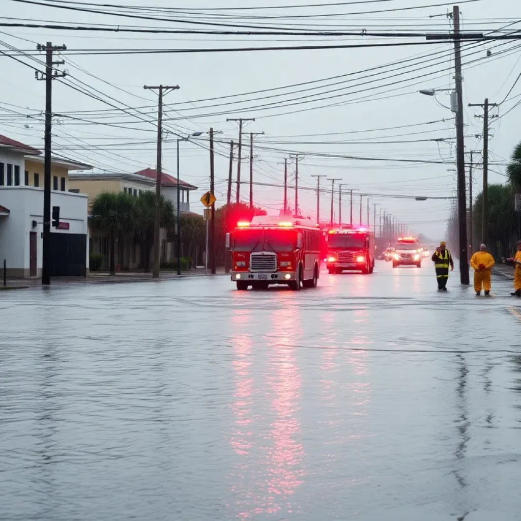 Flooded street in New Orleans with downed power lines