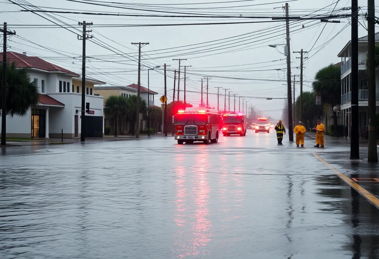 Flooded street in New Orleans with downed power lines