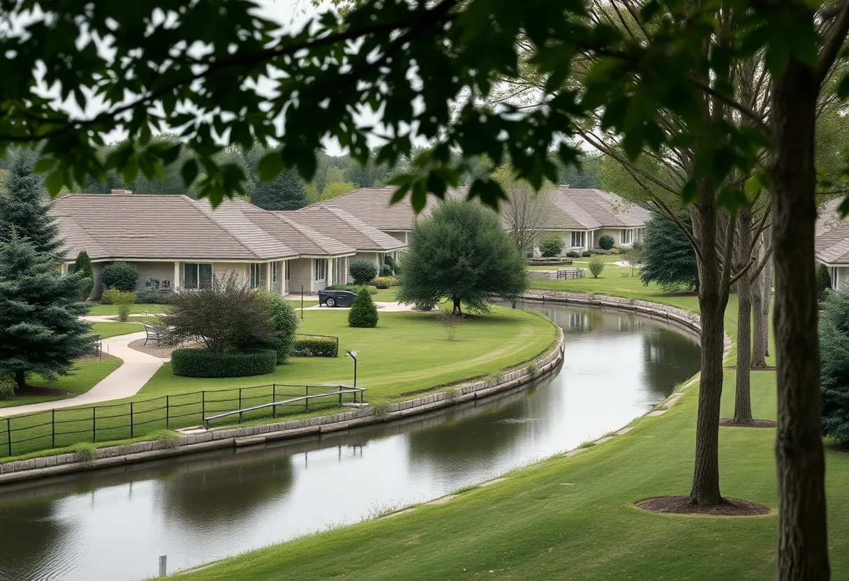 Scenic view of a retirement community with a canal