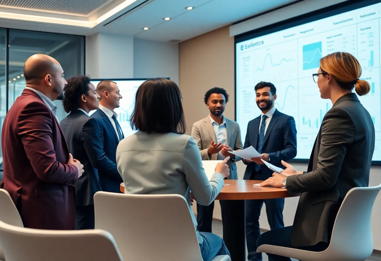 Business professionals discussing financial deal