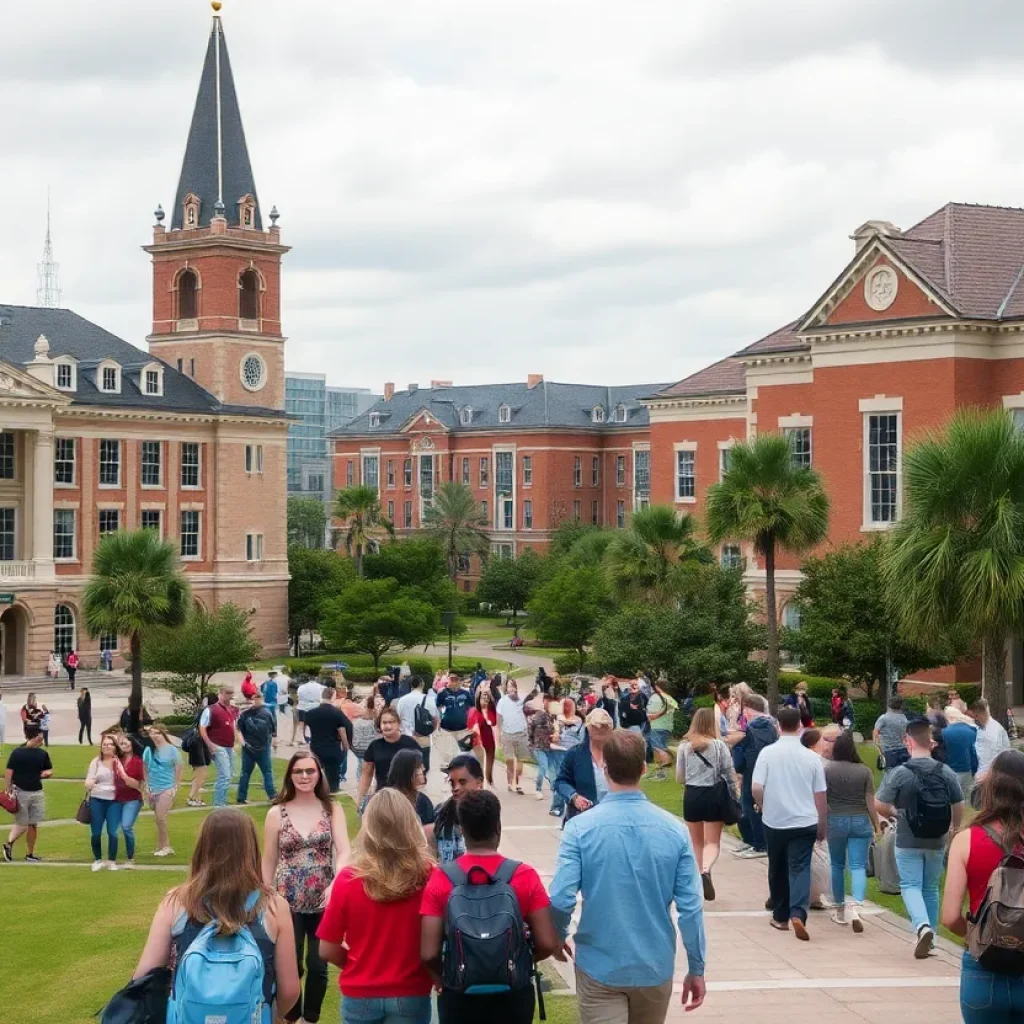 Campus view of the University of New Orleans with students.
