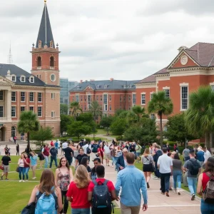 Campus view of the University of New Orleans with students.