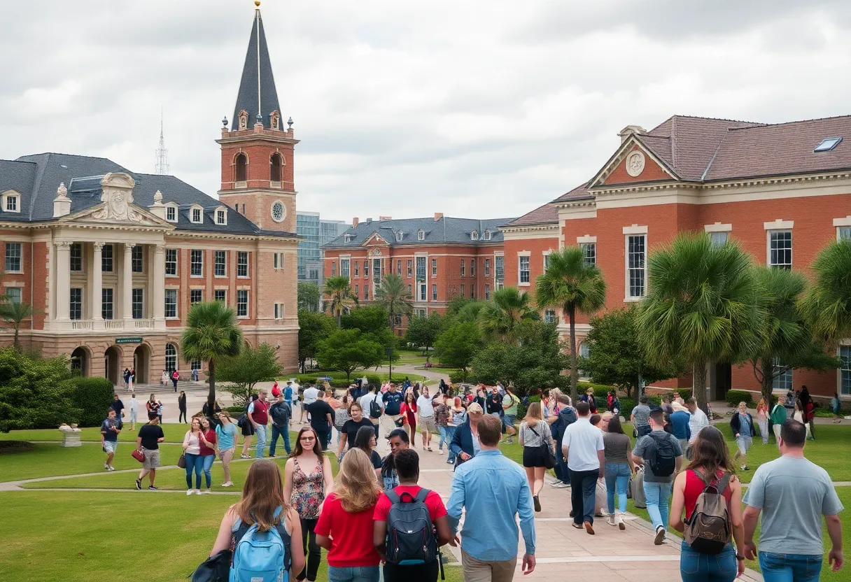 Campus view of the University of New Orleans with students.